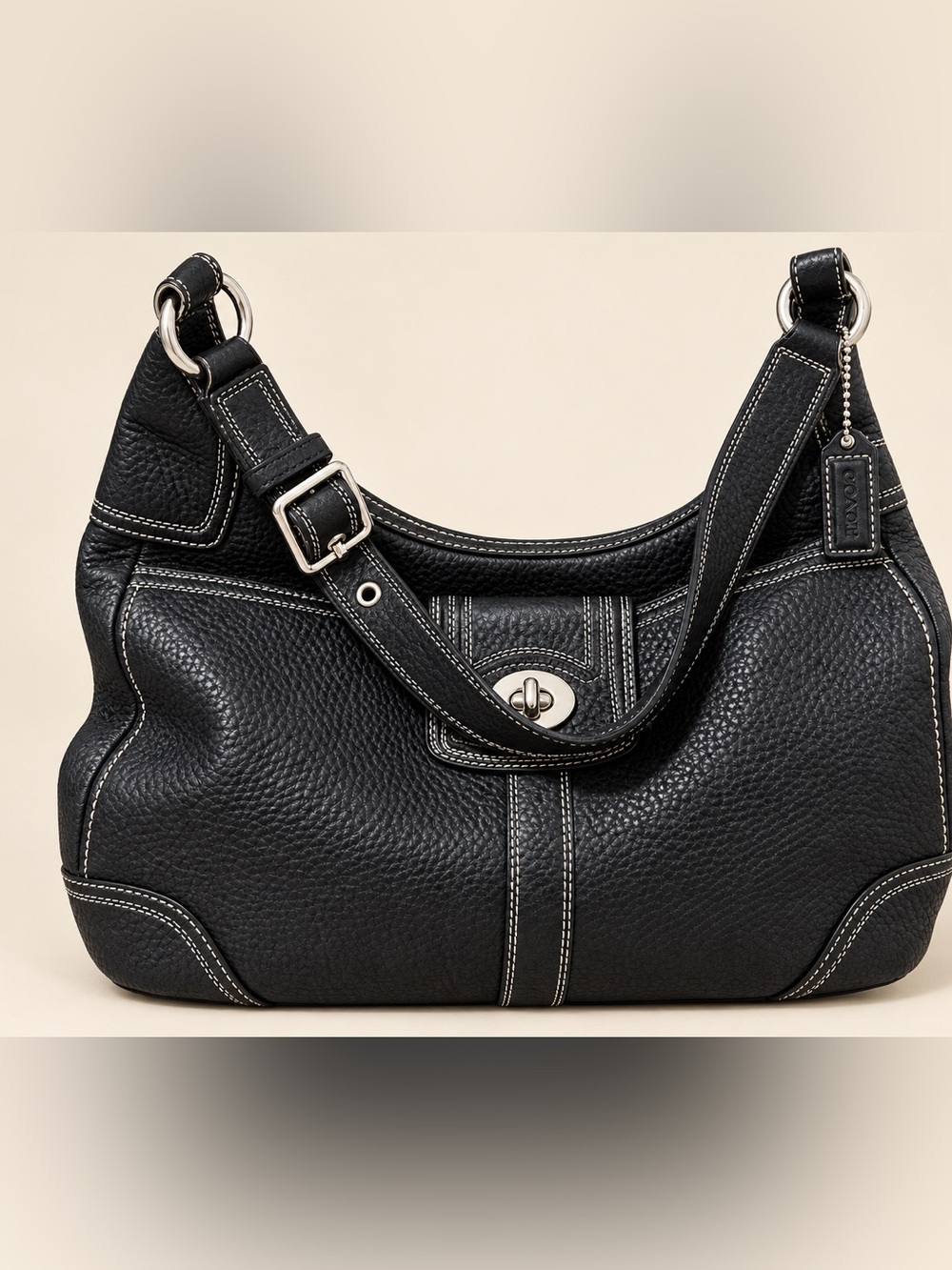 Coach Black Pebbled Leather Hobo Shoulder Bag Turnlock Contrast Stitching Y2K